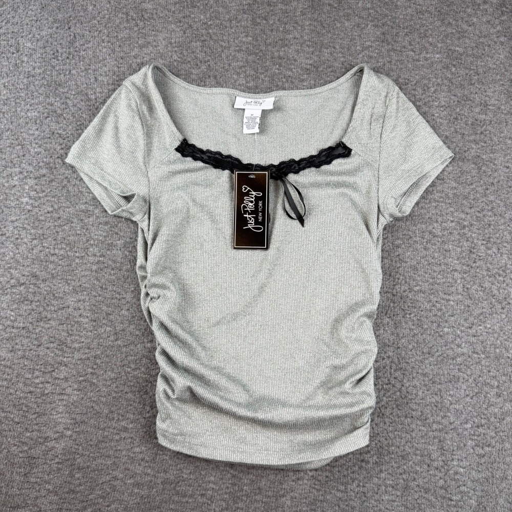 Just Polly Rib Knit Top Women's Medium Gray Lace Trim Bow Side Ruched JK19638